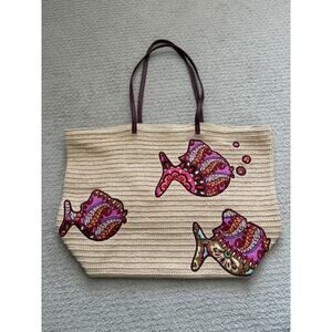 Vera Bradley Seashore Tote a fish applique Woven Straw Resortwear Vacation